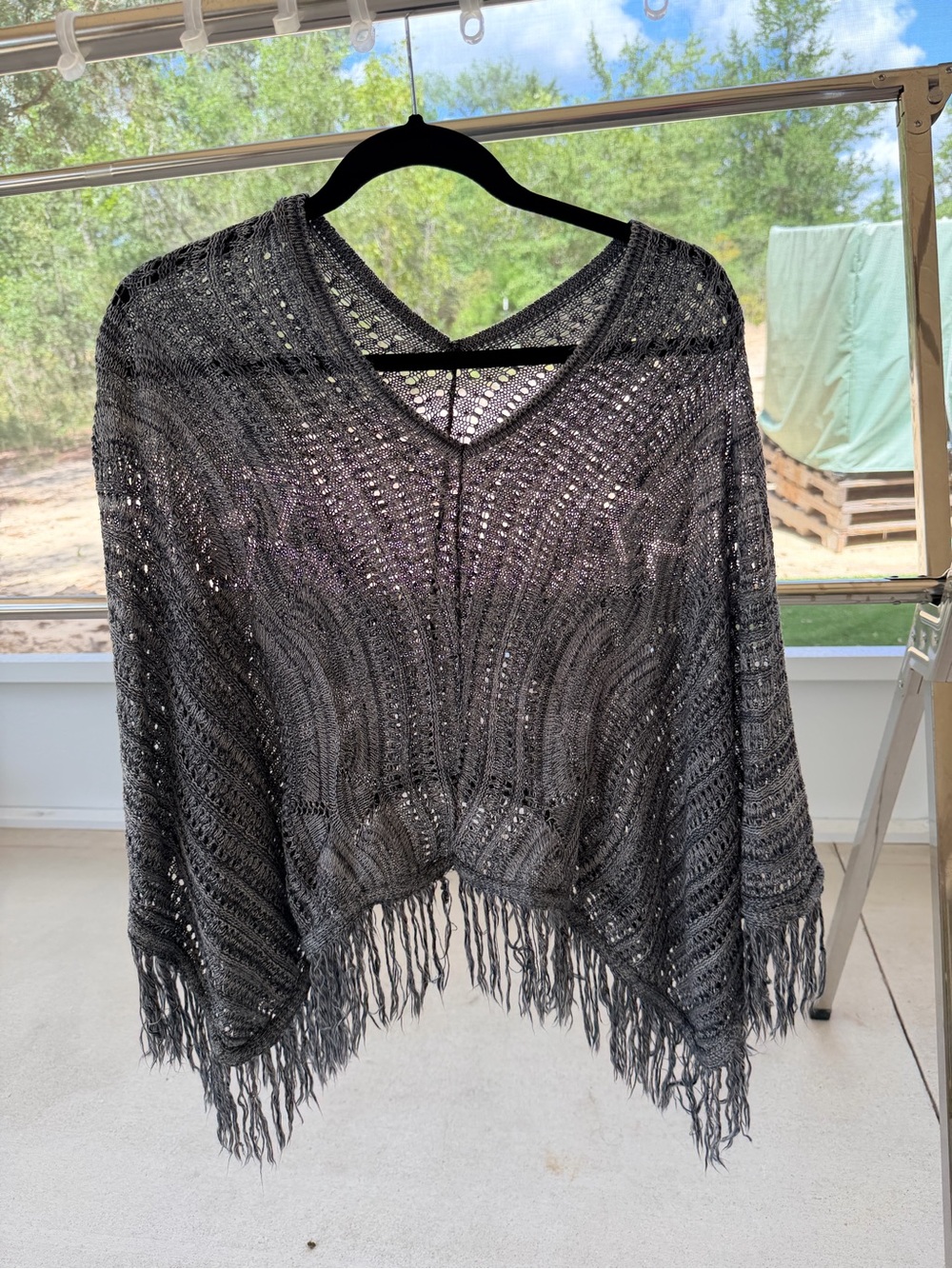 Boho Charcoal Grey Open Knit V-Neck Fringe Poncho Top